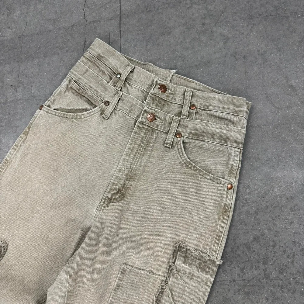 1 OF 1 Fedi Cartel VINTAGE 90s Wranger PATCHWORK BAGGY Tan Denim Jeans - 28/33